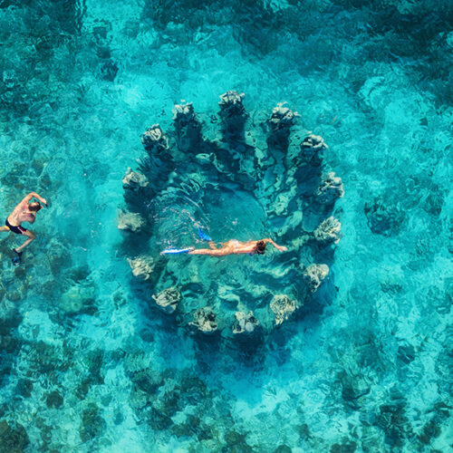 The couple snorkeling near the famous place on Gili Meno Island, Indonesia. Aerial view from drone. Underwater tourism in the ocean. Vacation and adventure. Travel - image