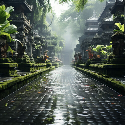Wet Road After Rain with Hindu Temple Building as Religious Cultural Symbol in Bali Indonesia